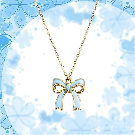Sweet PVD Stainless Steel Necklace with Alloy Drip Oil Bow Pendant