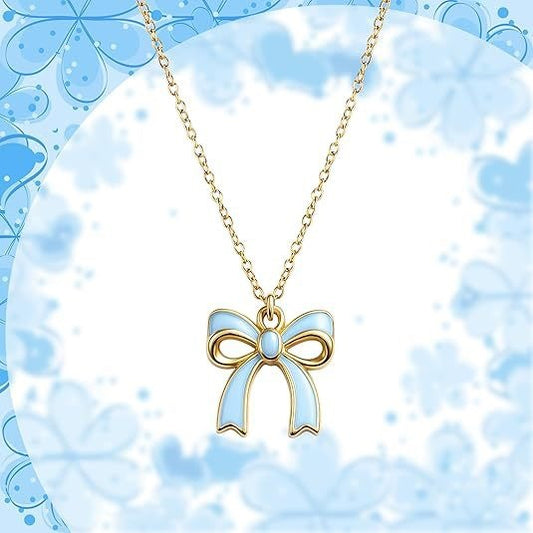 Sweet PVD Stainless Steel Necklace with Alloy Drip Oil Bow Pendant