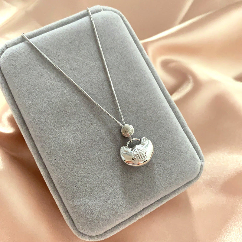 Minimalist Geometric Feng Shui Peace Lock Necklace for Women in Titanium Steel with Plated Finish, Elegant Clavicle Chain