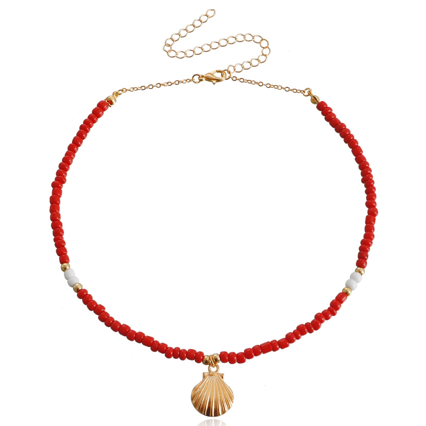 Bohemian Style Large Beaded Necklace with Shell Pendant for Women, Alloy Chain with Plated Finish, Geometric Design Collar Necklace