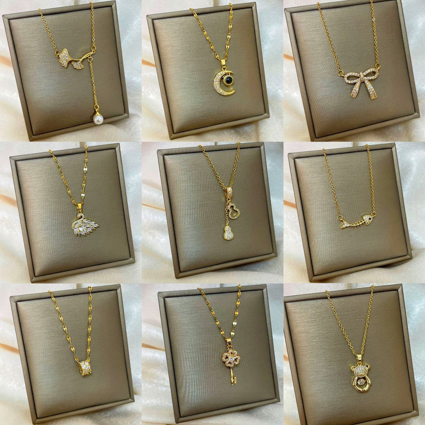 Collana con ciondolo a goccia in rame placcato oro 18 carati con micro-pavé e catena a onda in acciaio al titanio, design originale
