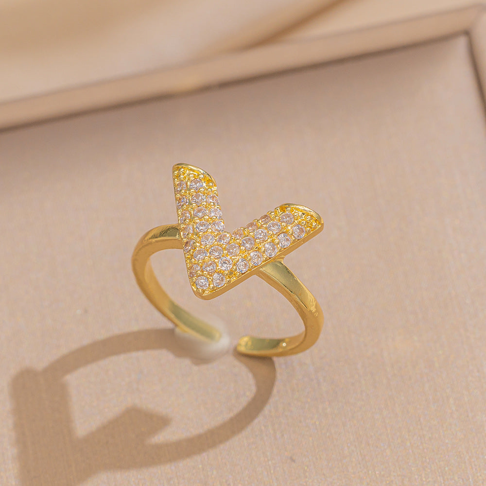 Luxury Minimalist Adjustable Open Ring for Women with Gold-Plated Copper Band and Zircon Stone Accent in Heart and Floral Shape