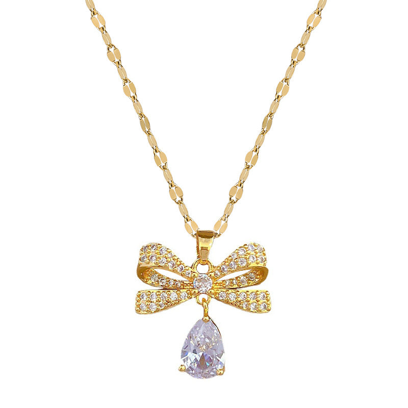 Luxury Titanium Steel Butterfly Pendant Necklace and Matching Stud Earrings Set with Micro-Pavé Detailing for Women