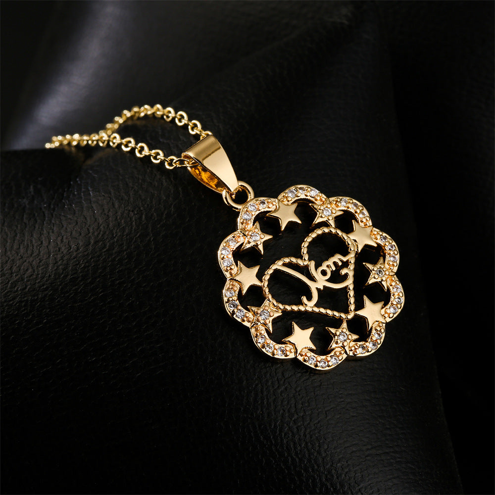 Minimalist MOM Pendant Necklace in Copper with 18K Gold Plating and Zircon Inlay for Women
