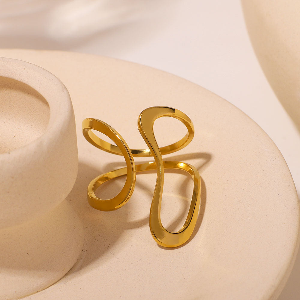 Asymmetrical Geometric Hollow Ring in Stainless Steel with 18K Gold Plating for Women and Men