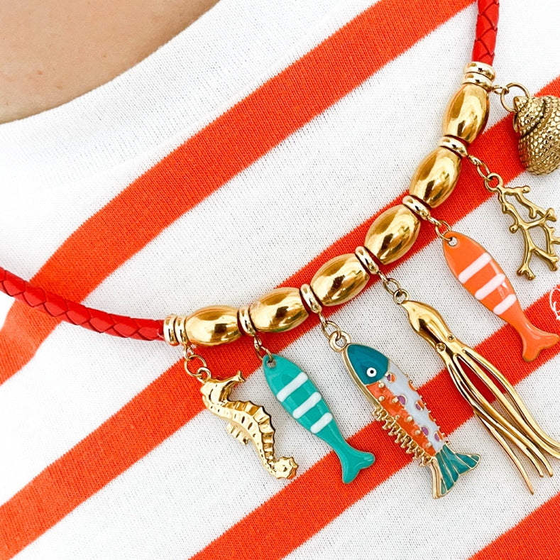 Collana con ciondolo a forma di polpo, cavalluccio marino, conchiglia e pesce pagliaccio in acciaio inossidabile placcato