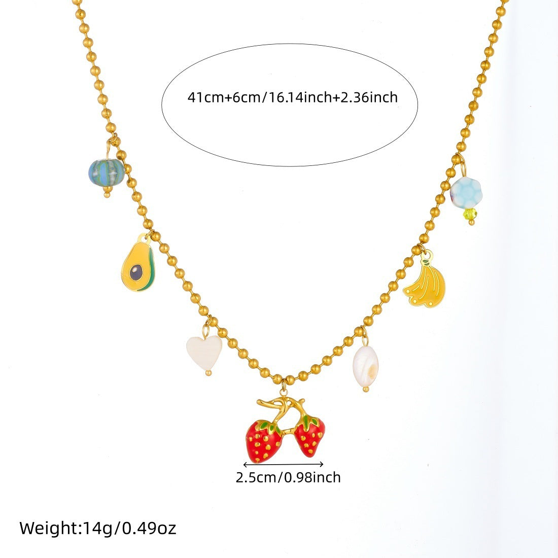 Cartoon Drip Oil Fruit Pendant Stainless Steel Necklace Ball Chain Strawberry Banana Avocado