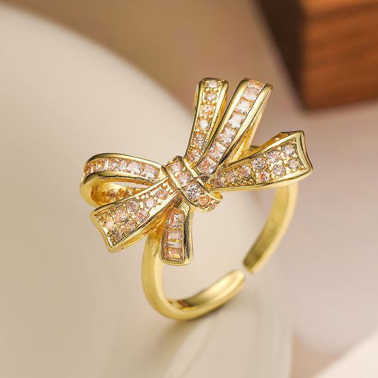 Minimalist Bowknot-Shaped Ring for Women Made of Copper with Micro-Pavé Zirconia Accents