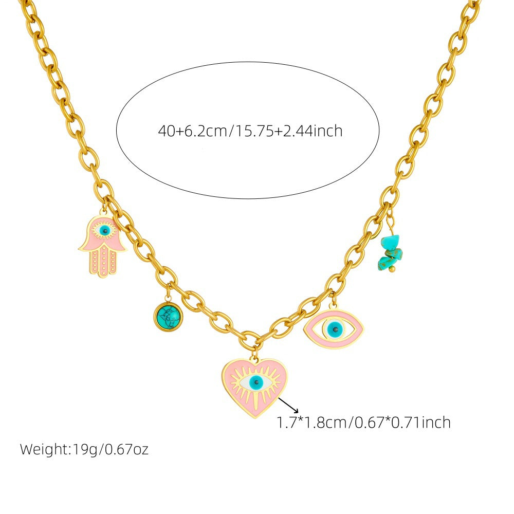Fashion Drip Oil Pink Heart Eye Turquoise Pendant Stainless Steel Necklace Earring Bracelet Set for Women