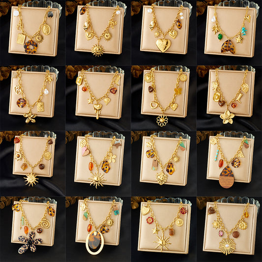 Vintage Minimalist Gold Plated Stainless Steel Heart and Geometric Pendant Necklace for Women