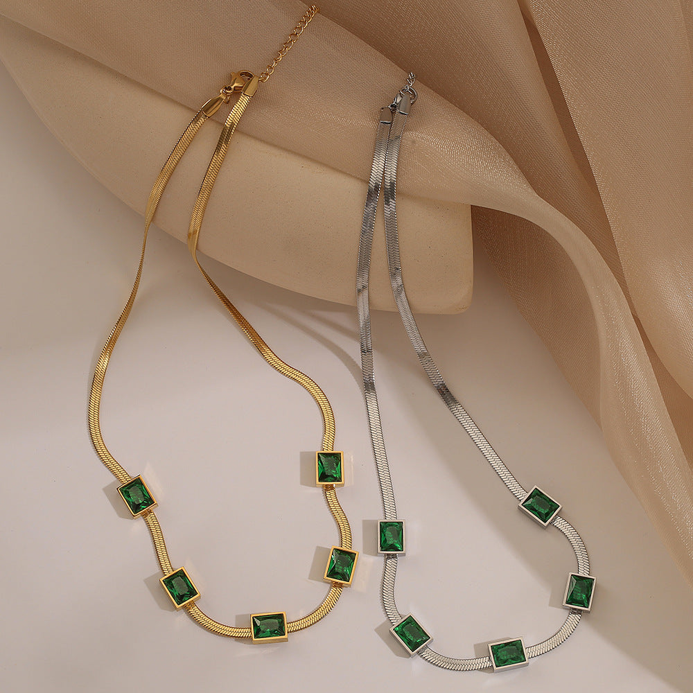 Minimalist Geometric Emerald Zirconia Titanium Steel Snake Chain Necklace for Women