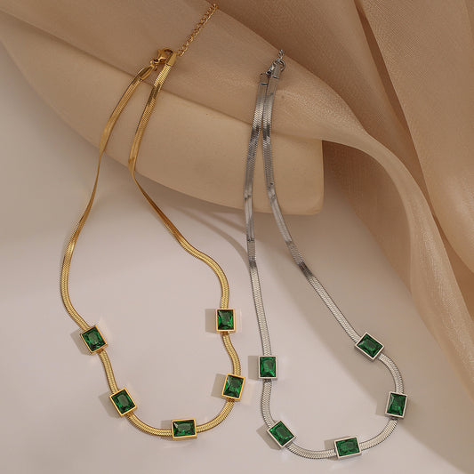 Minimalist Geometric Emerald Zirconia Titanium Steel Snake Chain Necklace for Women