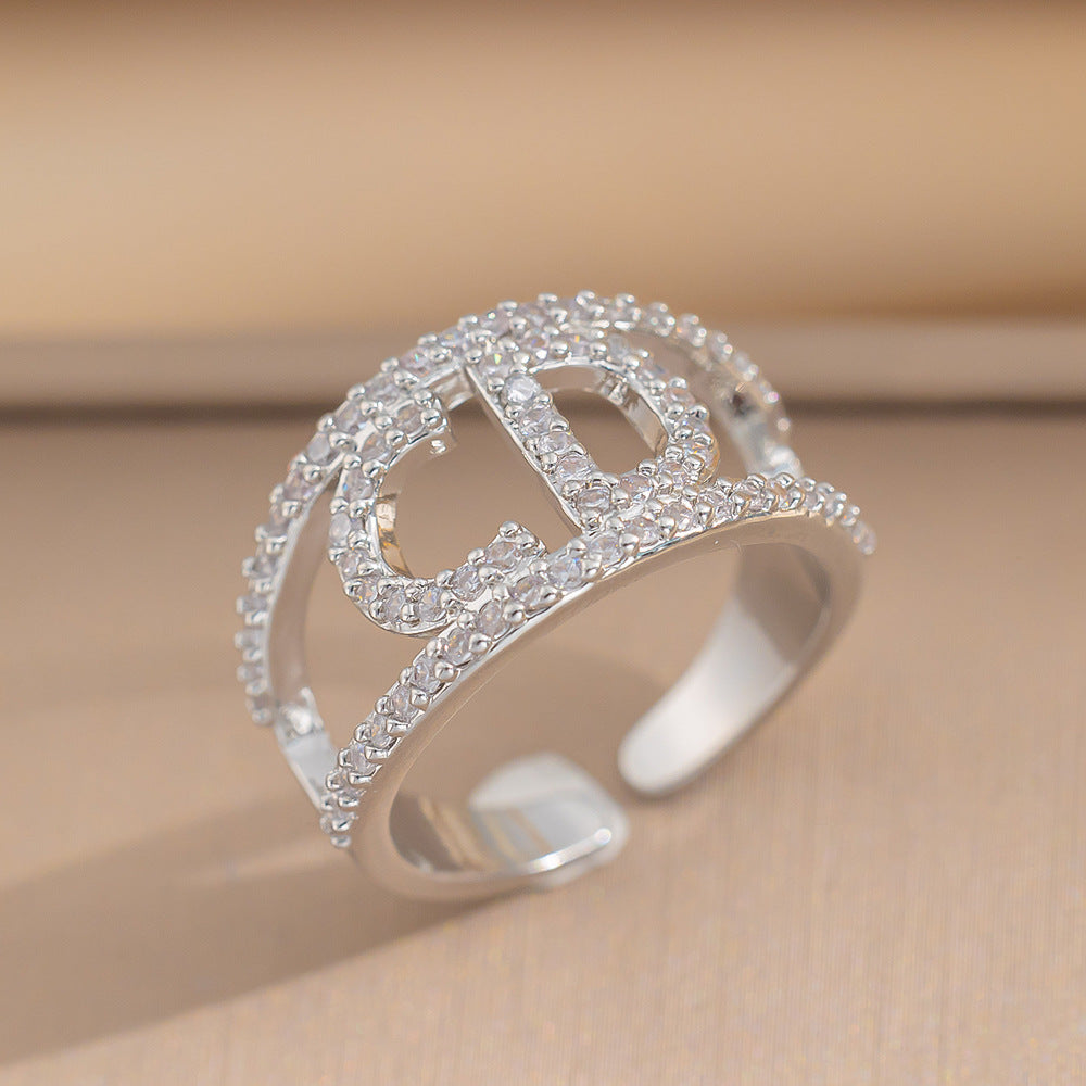 Luxury Minimalist Adjustable Open Ring for Women with Gold-Plated Copper Band and Zircon Stone Accent in Heart and Floral Shape