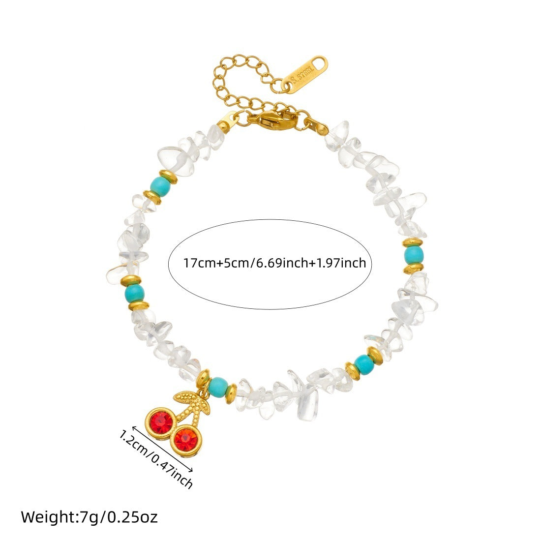 Sweet Stainless Steel Cable Chain Bracelet with Cherry Pendant, Turquoise Chips and Rhinestones