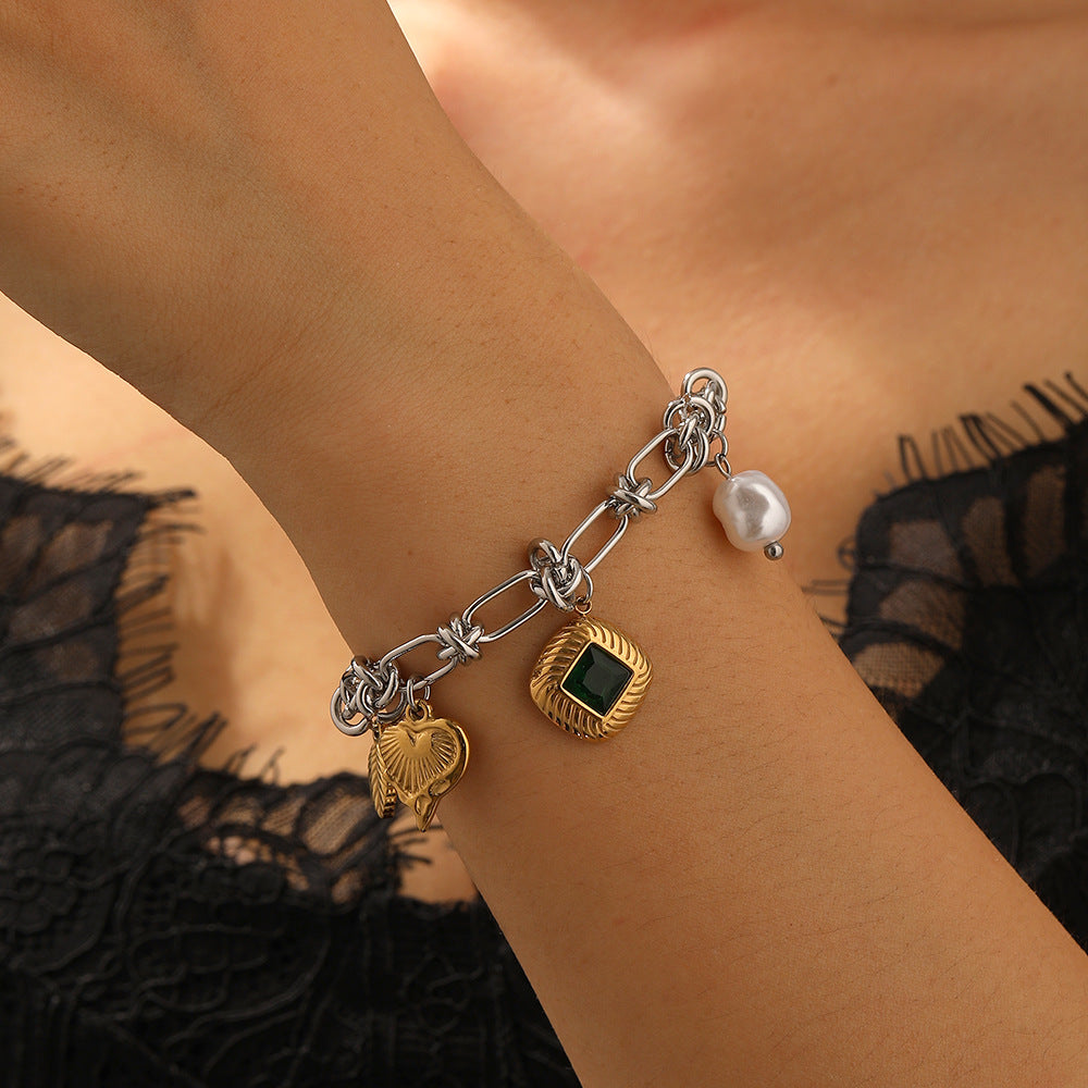 Sweet Gold Plated Drip Oil Square Star Heart Cherry Bear Stainless Steel Bracelet