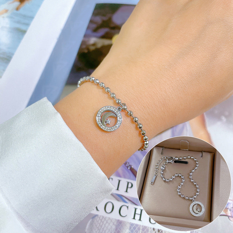 Vintage Women's Titanium Steel Rope Chain with Round Beads and Roman Numerals Gold Plated Wave Texture Four-Season Bean Hand Chain