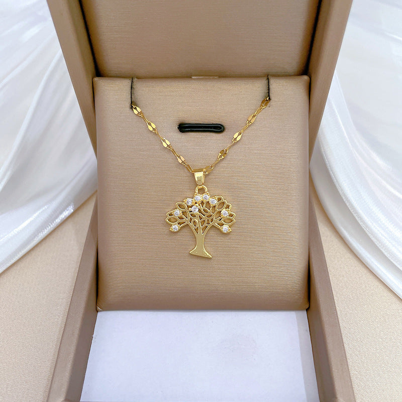 Collana con Pendente Albero Geometrico Minimalista e Frutti Abbondanti in Acciaio al Titanio con Accenti di Strass per Donne e Uomini