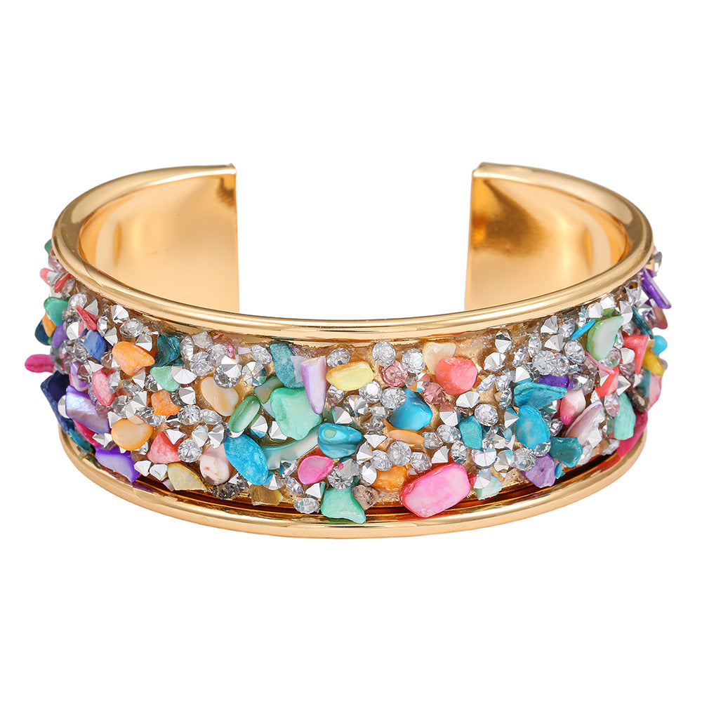 Exaggerated Geometric Round Rhinestone Inlay Plated Alloy Open Cuff Bracelet