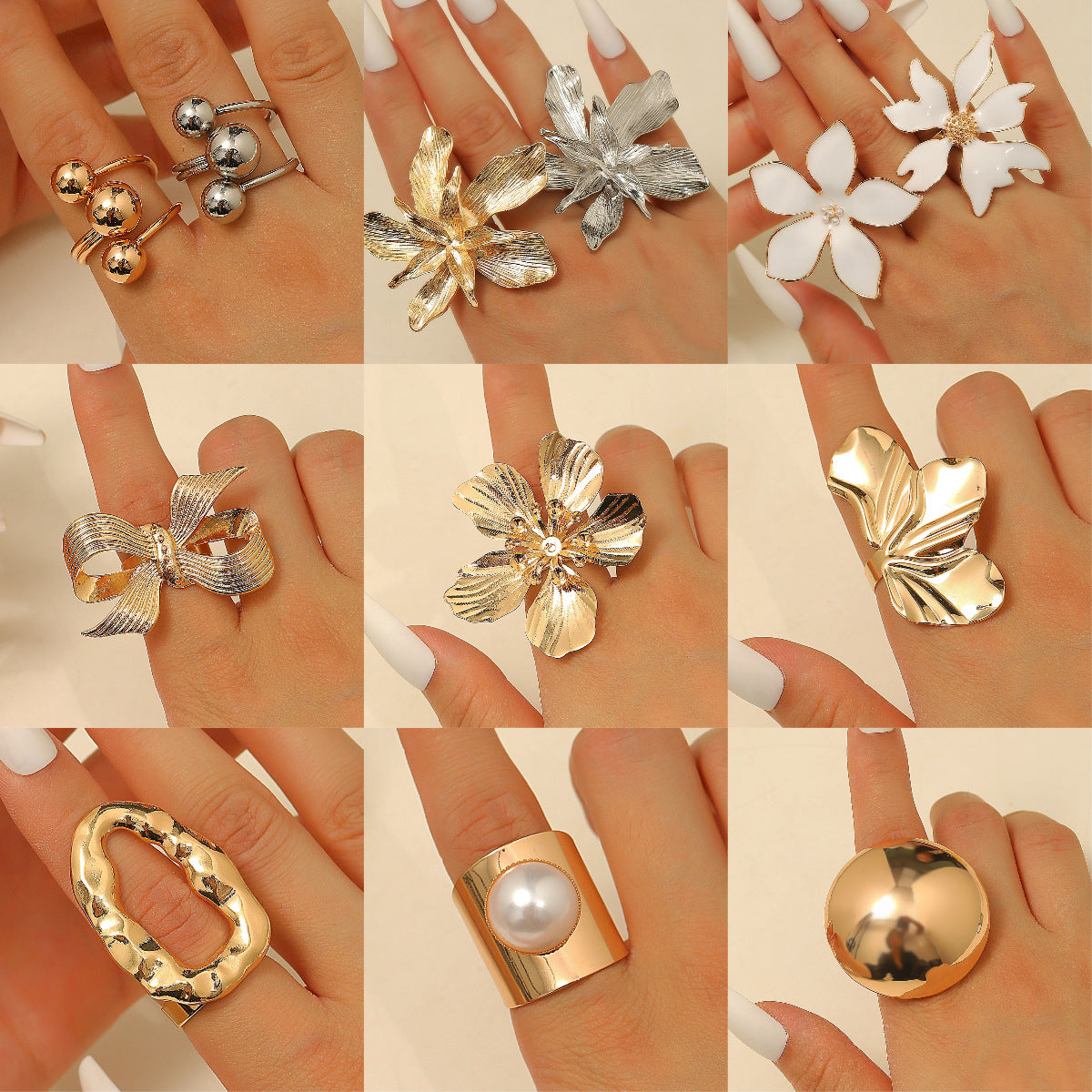 Anello Aperto da Donna a Goccia d'Olio Placcato in Lega con Motivo Floreale Geometrico Esagerato