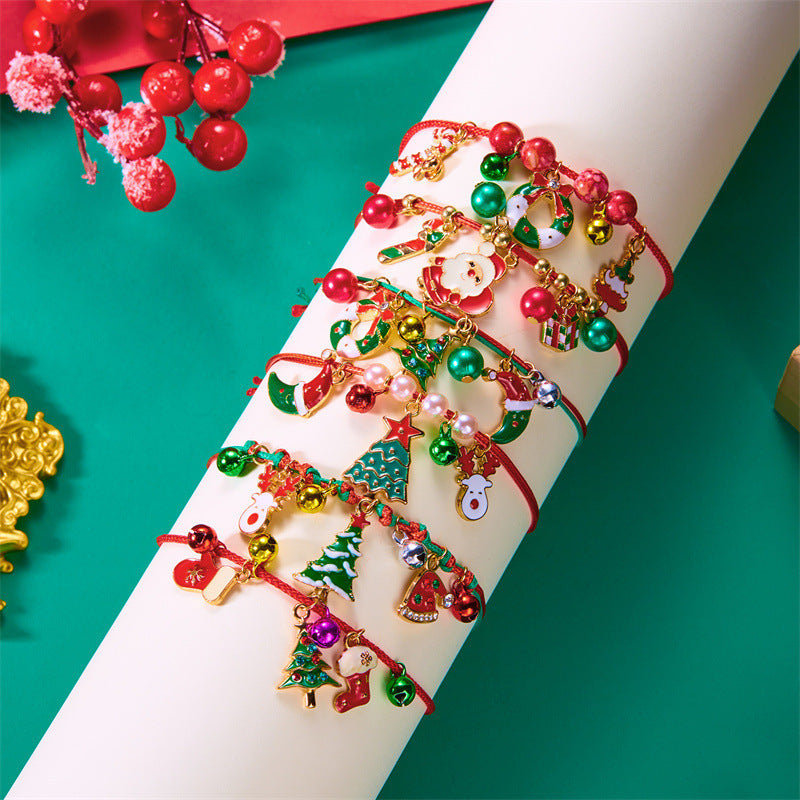 Pulsera trenzada navideña para mujer con colgante de Papá Noel y árbol de Navidad, joyería de aleación para regalo festivo