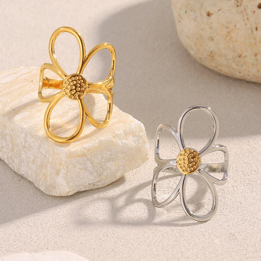 Vintage Oversized Floral Open Ring in Stainless Steel with 18K Gold Plating for Women