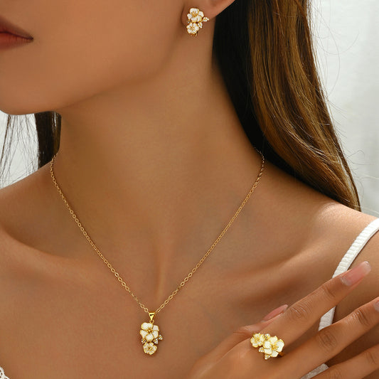 Elegant Floral Zirconia Inlaid Copper Necklace Earring Ring Set for Women Minimalist Office Chic Jewelry