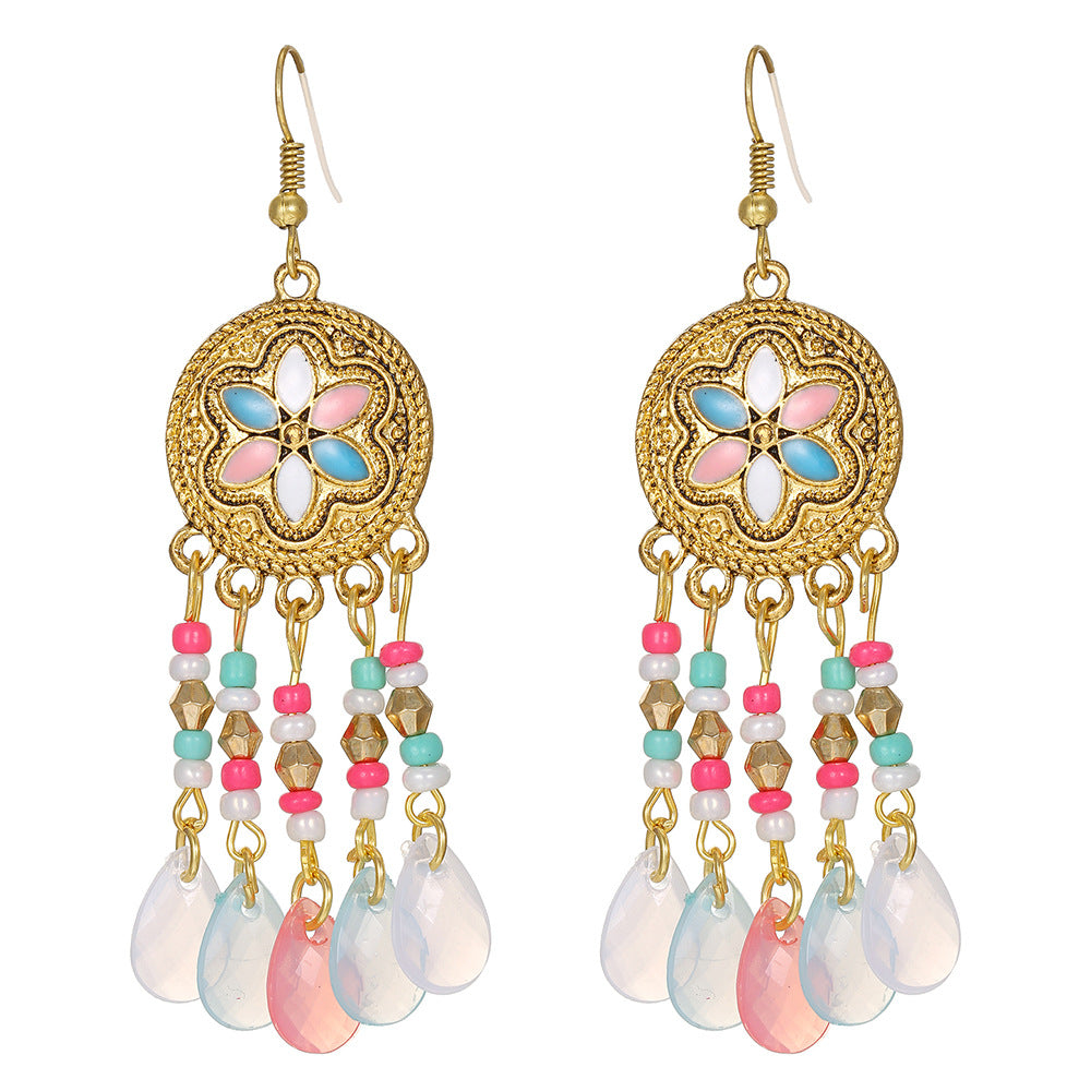 Bohemian Ethnic Geometric Round Drip Oil Plated Alloy Tassel Earrings for Women