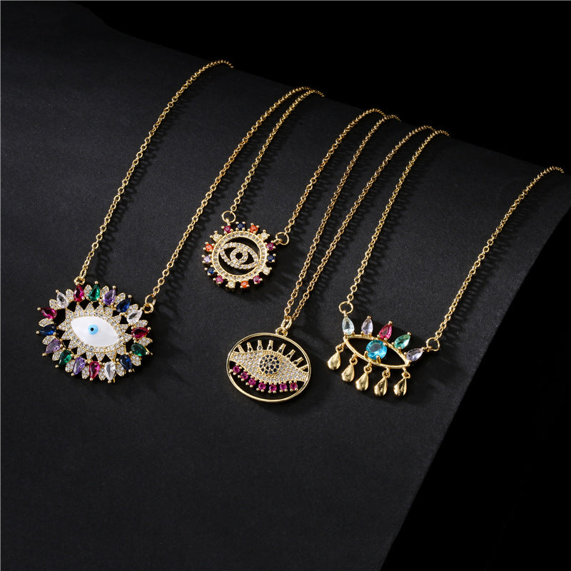 Minimalist Vintage Geometric Brass Micro-Inlaid Cubic Zirconia Evil Eye Pendant Necklace with Cable Chain