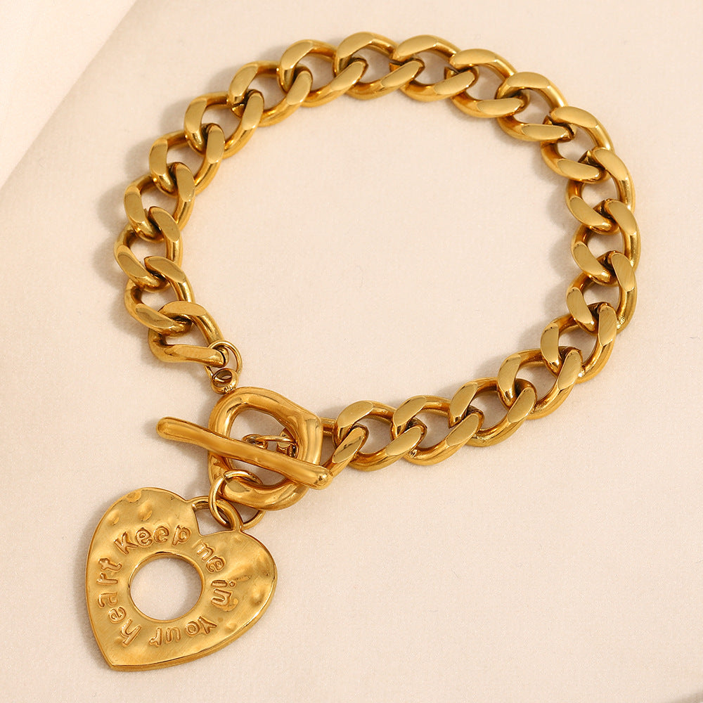 Minimalist Heart-Shaped Stainless Steel Plated 18K Gold Cuban Chain Bracelet for Women