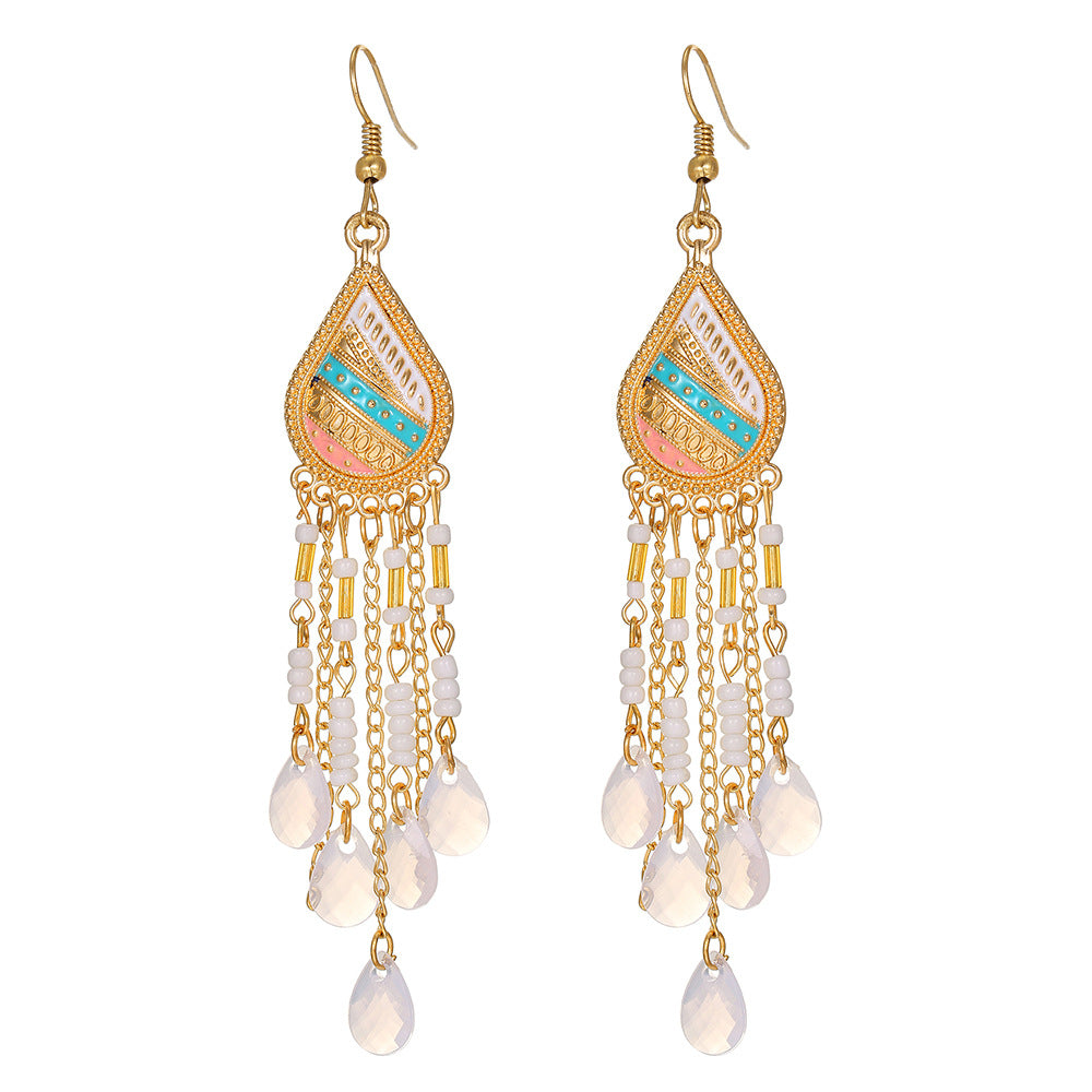 Bohemian Ethnic Teardrop Geometric Seed Bead Tassel Alloy Plated Earrings for Unisex
