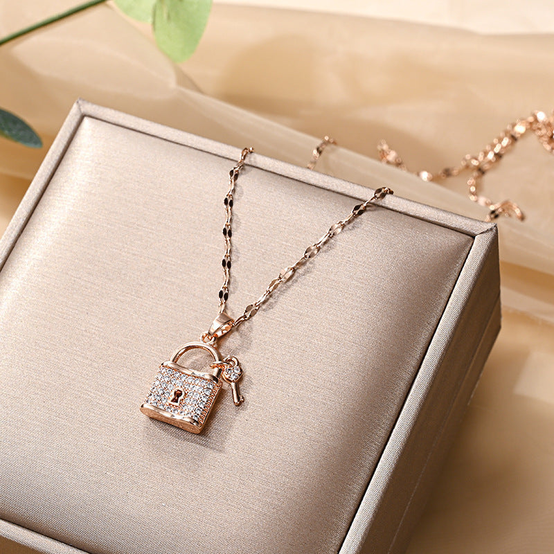 Minimalist Lock-Shaped Titanium Steel Necklace with Alloy Pendant and Plated Finish for Women and Men