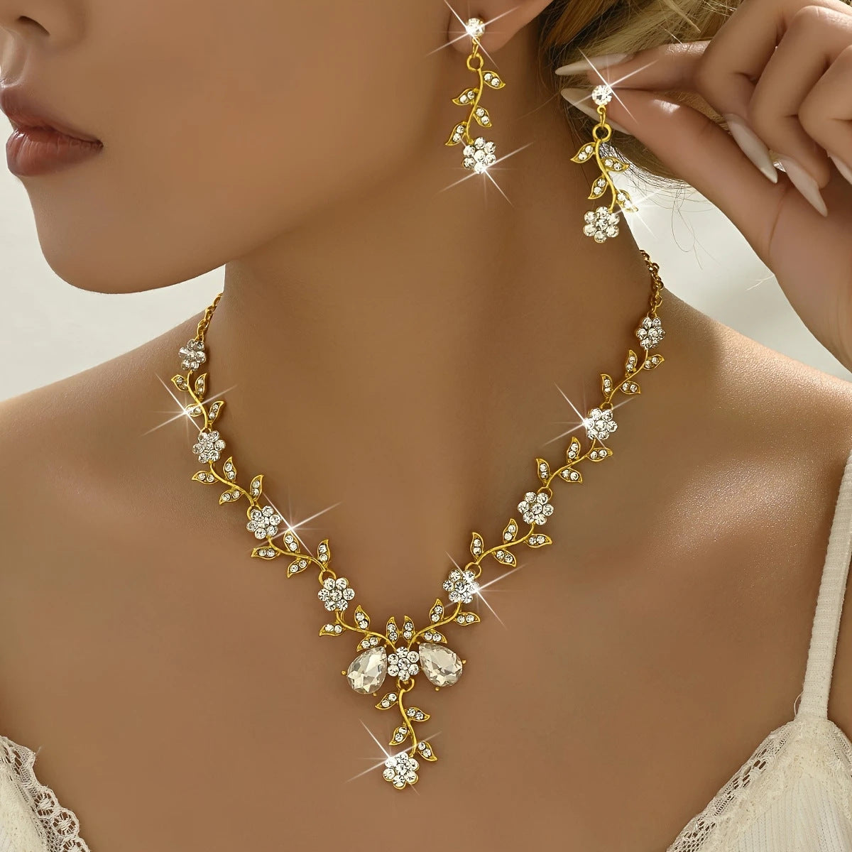 Exaggerated Floral Rhinestone and Crystal Necklace and Earring Set with Cross Chain