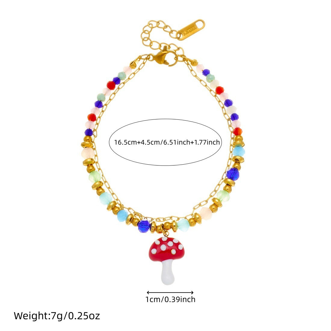 Sweet Bohemian Rainbow Plated Stainless Steel Beaded Bracelet with Strawberry and Ladybug Charms