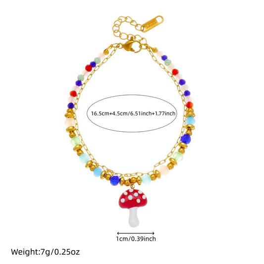 Sweet Bohemian Rainbow Plated Stainless Steel Beaded Bracelet with Strawberry and Ladybug Charms