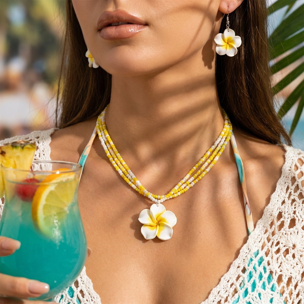 Sweet Handmade Floral Resin and Glass Bead Necklace and Earring Set for Women