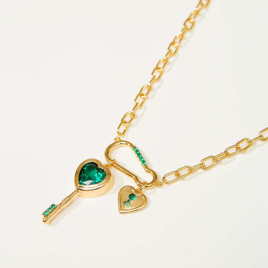 Minimalist Emerald Green Heart Key Pendant Necklace in Copper with Cubic Zirconia Inlay