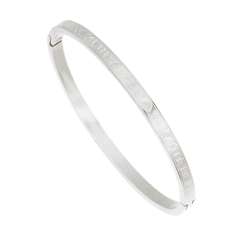 Punk Hip-hop Large Roman Letter Geometric Round Titanium Steel Stainless Steel Plated Open Cuff Bracelet for Unisex