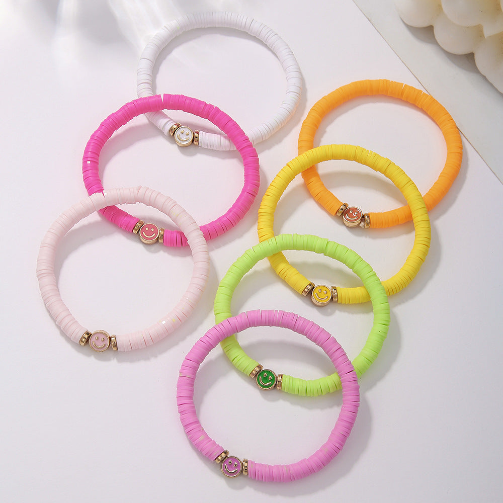 Set di Bracciali da Donna a Mano in Argilla Polimerica e Lega, Stile Bohemien, con Ciondoli Smiley Smaltati