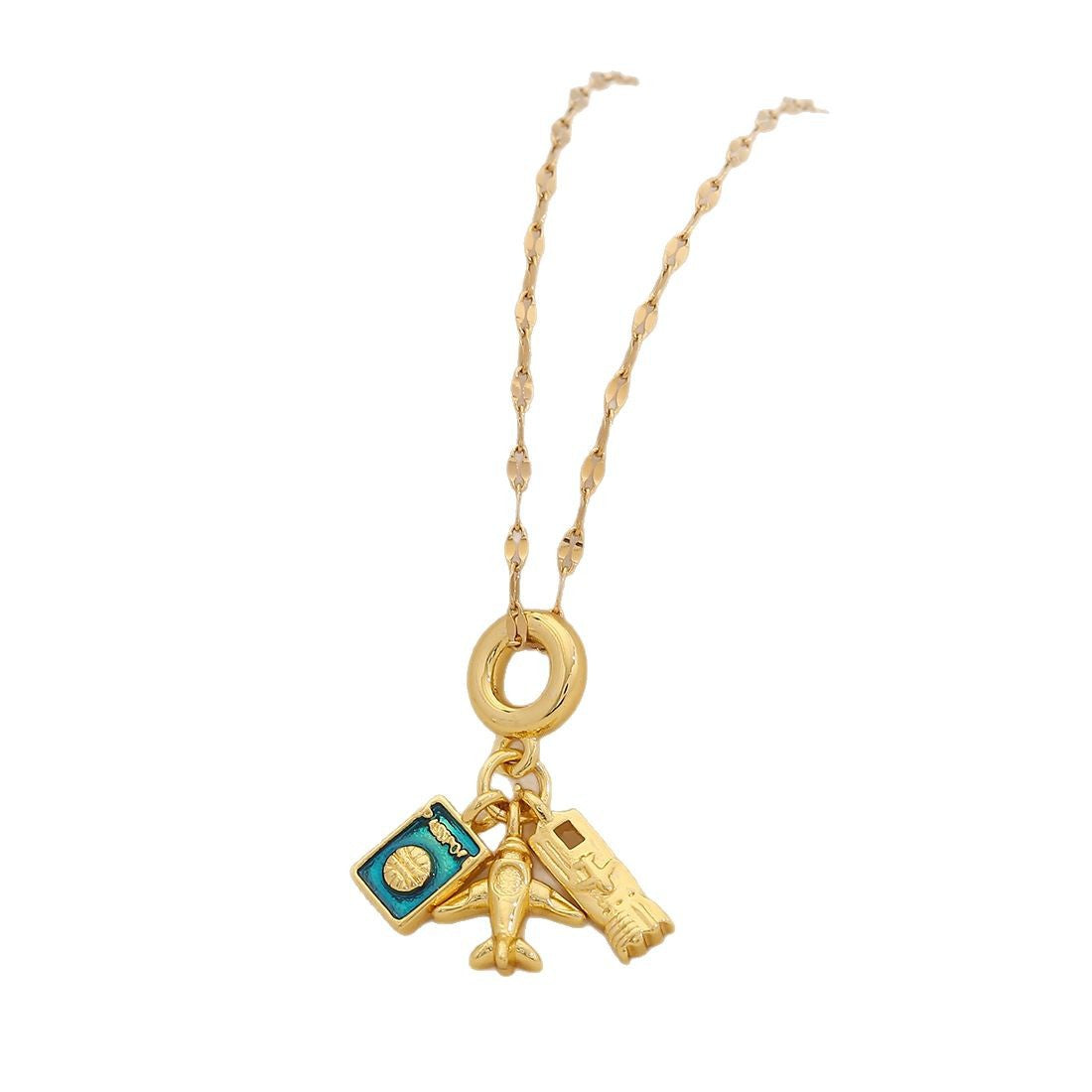 Collana con ciondolo aereo e mappamondo vintage in acciaio inossidabile con finitura smaltata