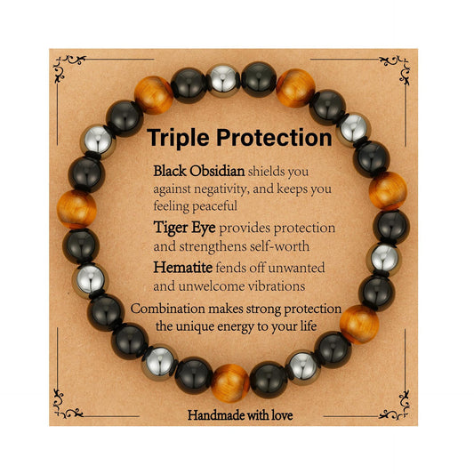 Minimalist 8mm Polished Tiger Eye and Obsidian Beaded Bracelet Unisex Elastic Cord
