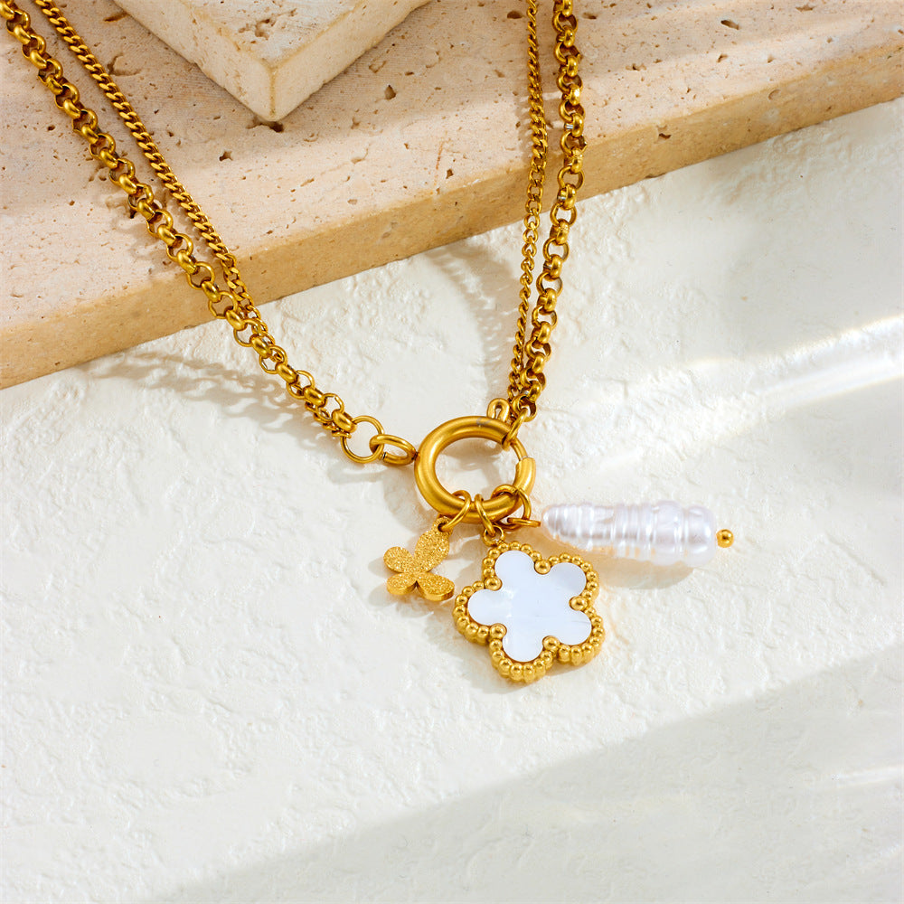 Fashion Elegant Floral Flower Butterfly Round Stainless Steel Plated Pendant Cable Chain Jewelry Set for Women