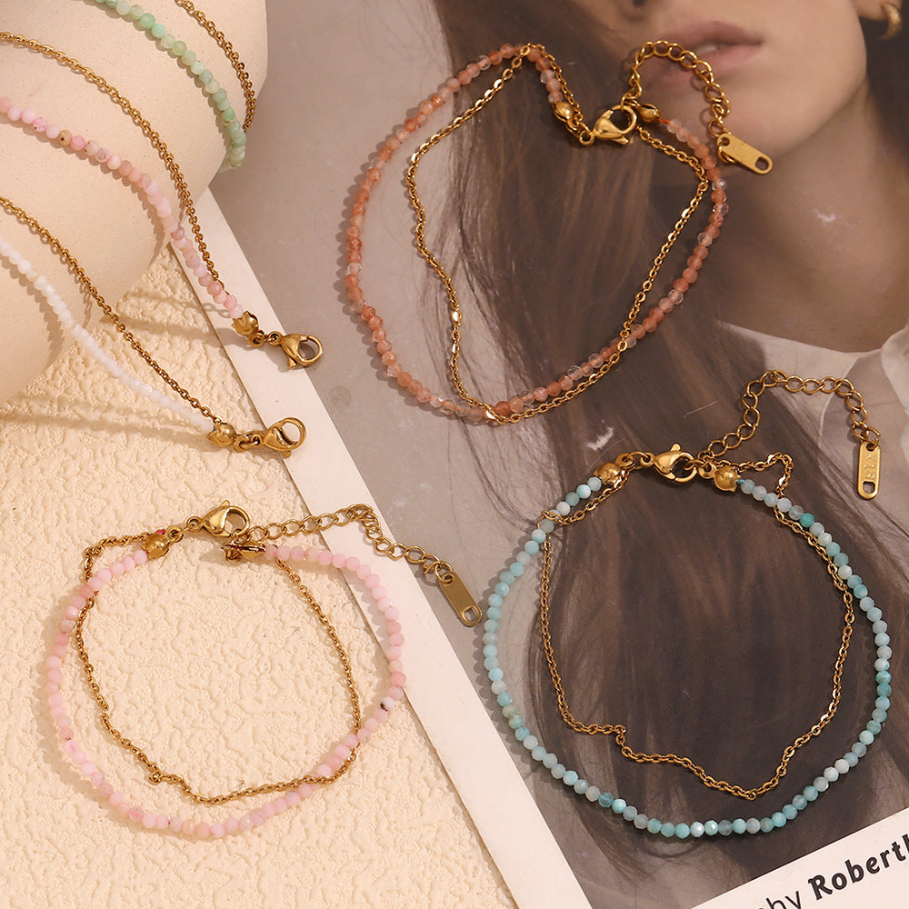 Fashion Geometric Stainless Steel Plated 18K Gold Turquoise Double Layer Anklet for Women