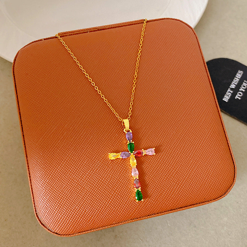 Sporty Sweet 18K Gold Plated Cross Titanium Steel Necklace with Cubic Zirconia for Women