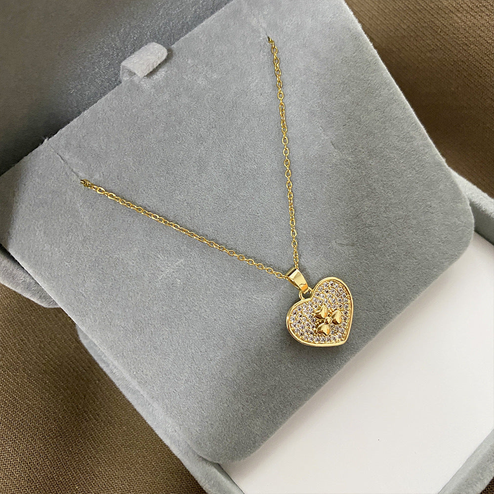 Minimalist Heart-Shaped Titanium Steel Pendant Necklace with Micro-Pavé Rhinestones for Women, Delicate Clavicle Chain with Plated Finish