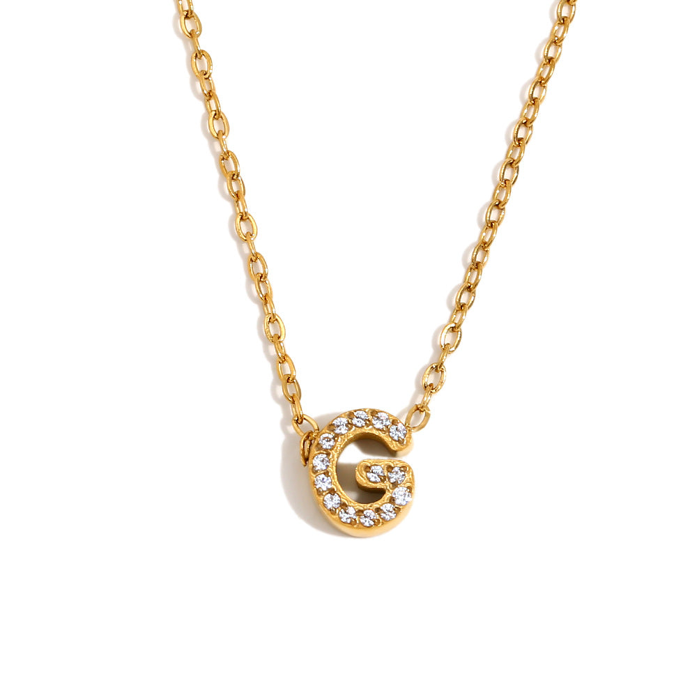 Minimalist Fashion Letter Pendant Necklace for Women Stainless Steel with 18K Gold Plating and Rhinestone Inlay