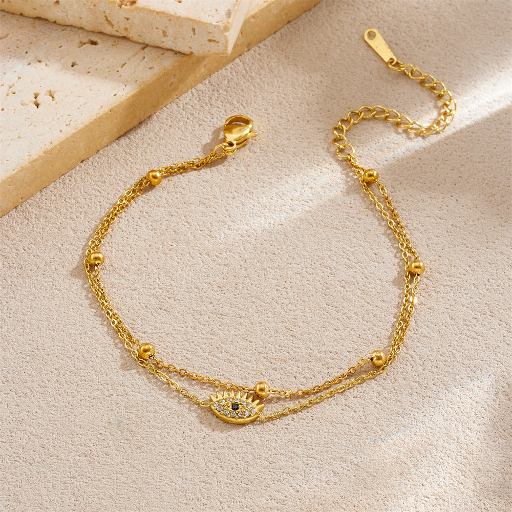Minimalist Elegant Gold Plated Stainless Steel Rhinestone Evil Eye Bracelet for Women