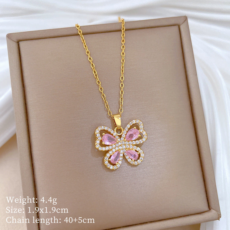 Sweet Minimalist Pink Butterfly Hollow Rhinestone Titanium Steel Necklace for Women