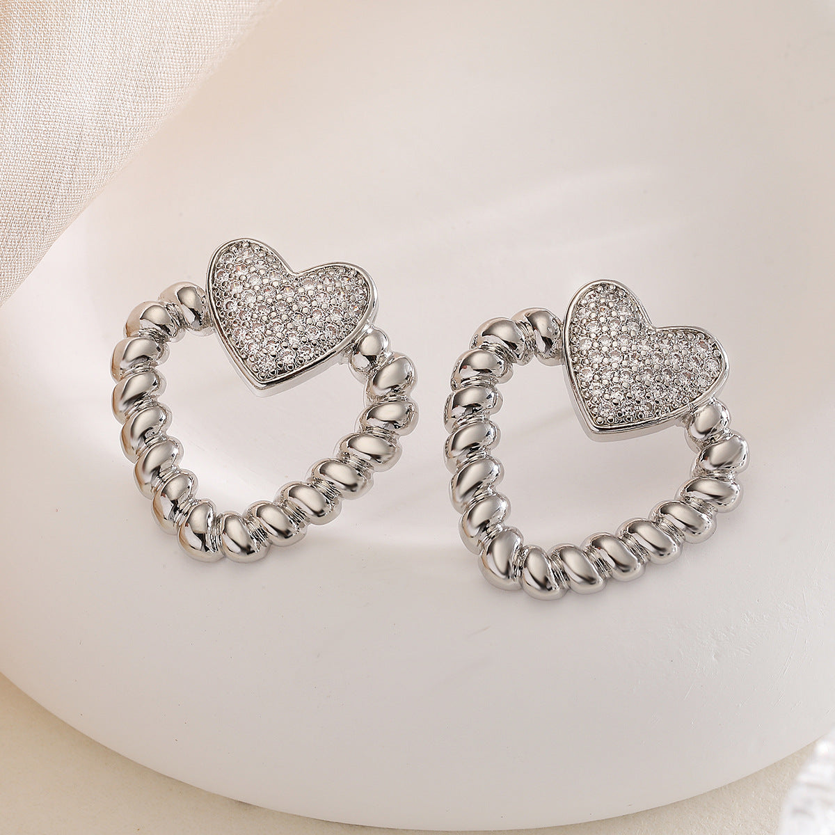 Minimalist Hollow Heart Shape Copper Stud Earrings for Women with Micro-Pave Zirconia Accents
