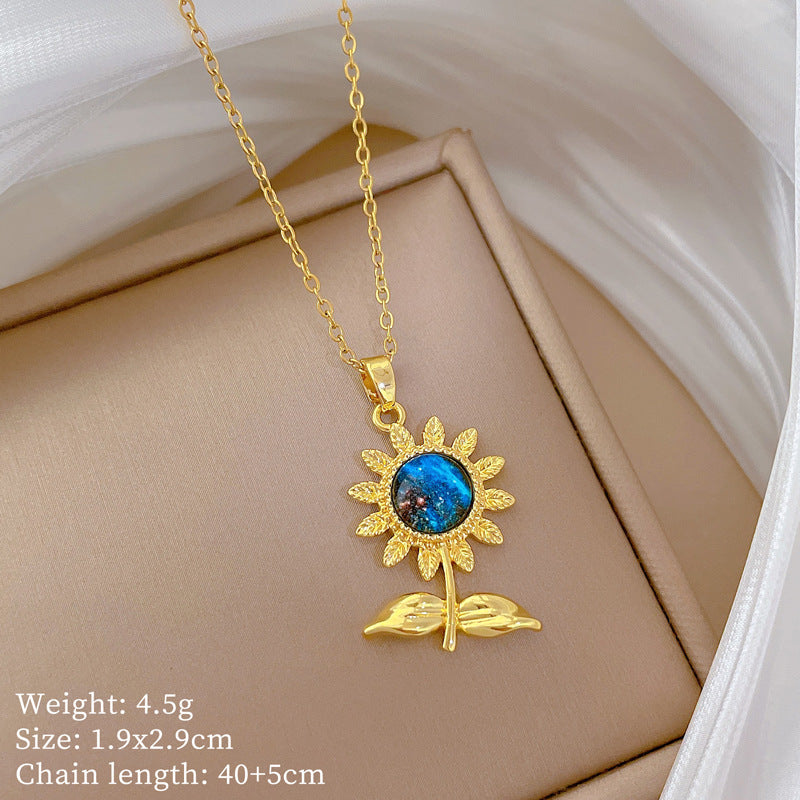 Sweet Minimalist Leaf Flower Moon Rhinestone Titanium Steel Necklace for Unisex
