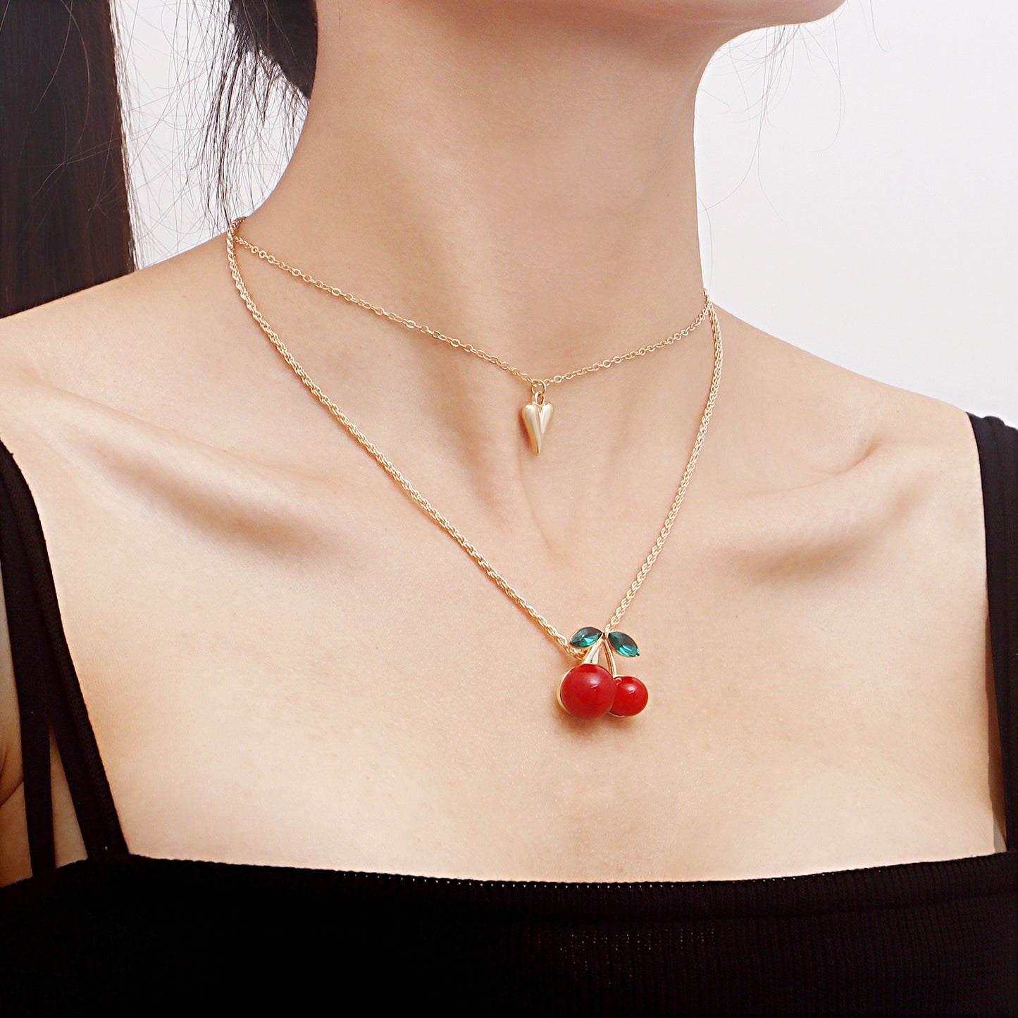 Exaggerated Red Cherry Multi-Layer Heart-Shaped Alloy Pendant Necklace for Women with Plated Finish